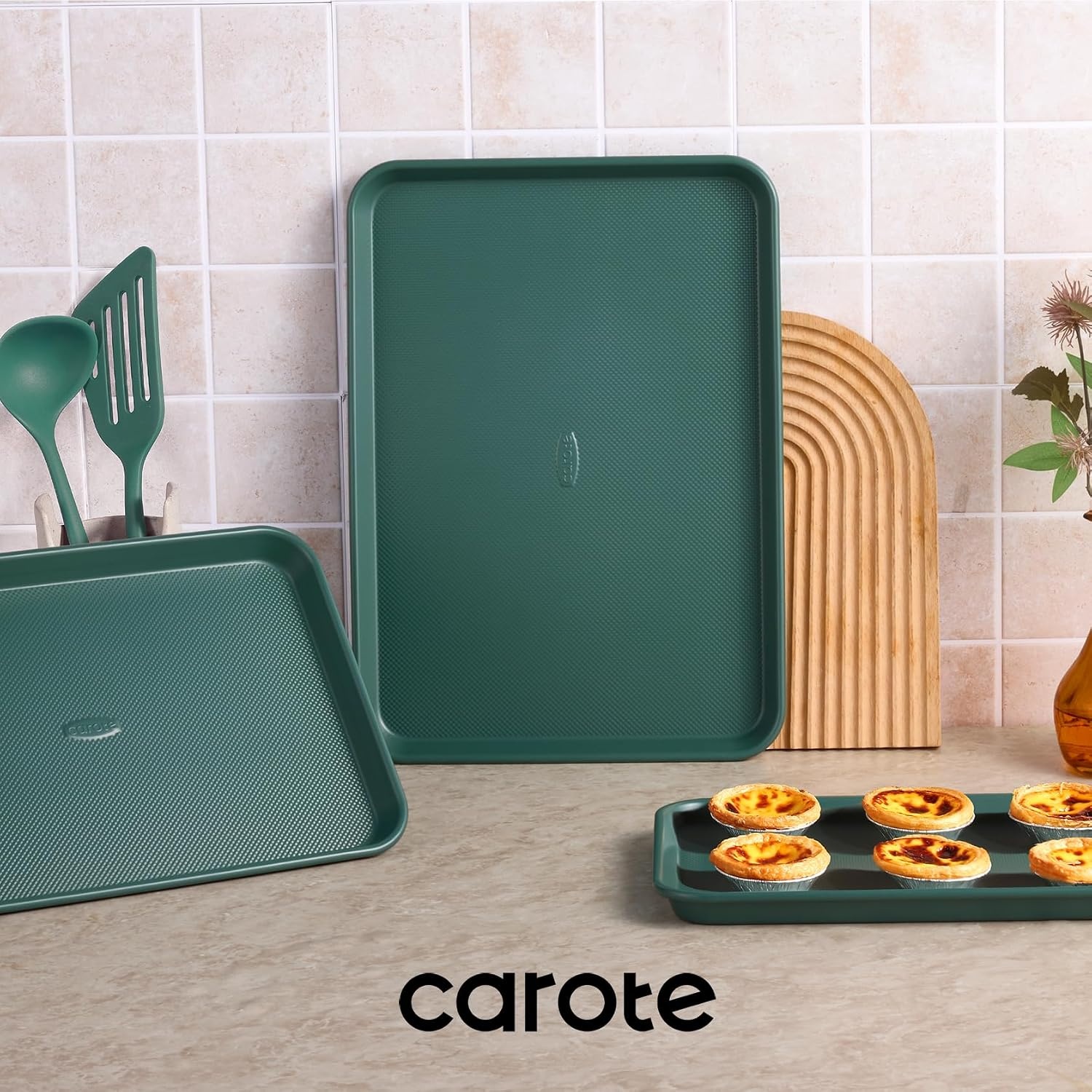 image:imageCAROTE 3Piece Baking Sheet Nonstick Cookie Sheets Olive GreenDeep Olive Green