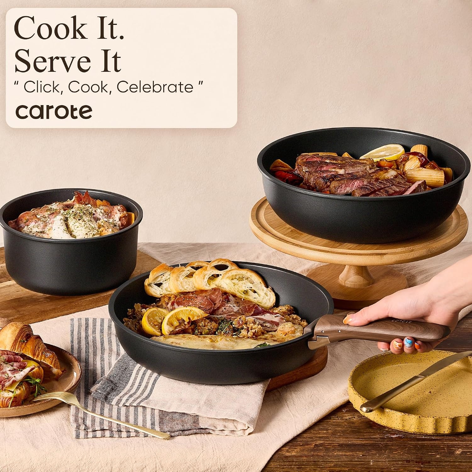 image:imageCAROTE Pots and Pans Set Non Stick Detachable Handle Cookware 21pcsWhiteBlack