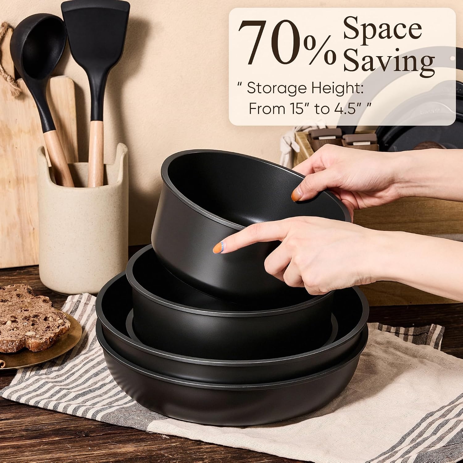 image:imageCAROTE Pots and Pans Set Non Stick Detachable Handle Cookware 21pcsWhiteBlack