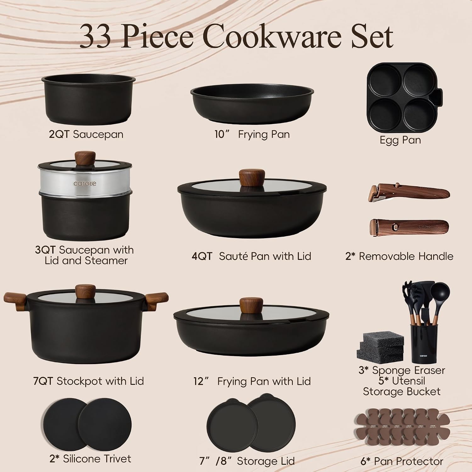 image:imageCAROTE Pots and Pans Set Non Stick Detachable Handle Cookware 21pcsWhiteBlack