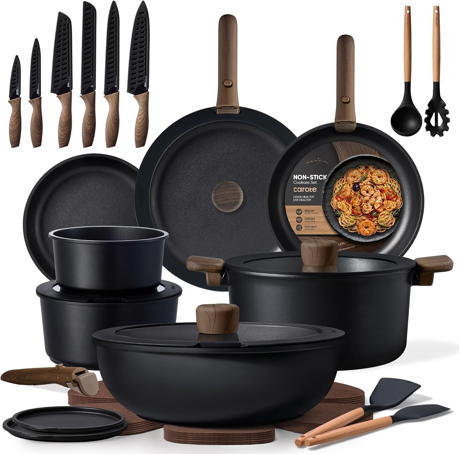 image:imageCAROTE Pots and Pans Set Non Stick Detachable Handle Cookware 21pcsWhiteBlack