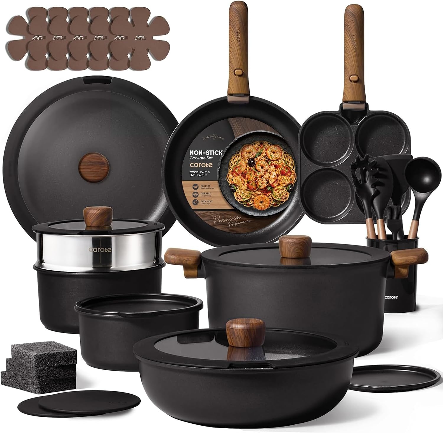 image:imageCAROTE Pots and Pans Set Non Stick Detachable Handle Cookware 21pcsWhiteBlack