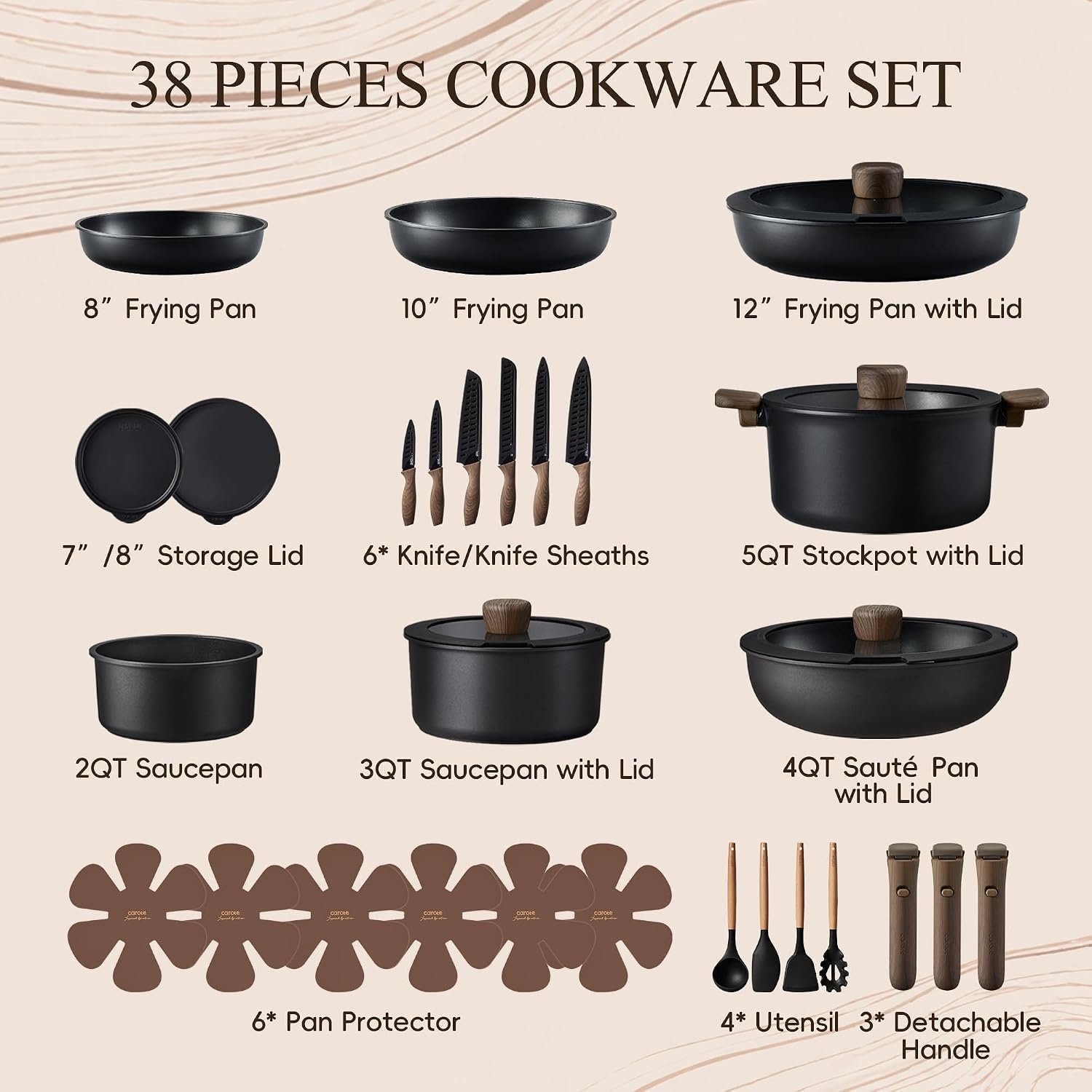image:imageCAROTE Pots and Pans Set Non Stick Detachable Handle Cookware 21pcsWhiteBlack