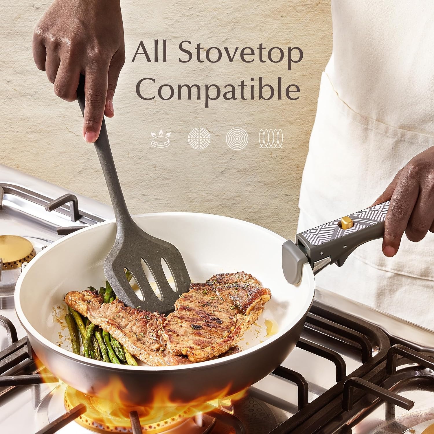 image:imageCAROTE Pots and Pans Set Non Stick Detachable Handle Cookware 21pcsWhiteCharcoal