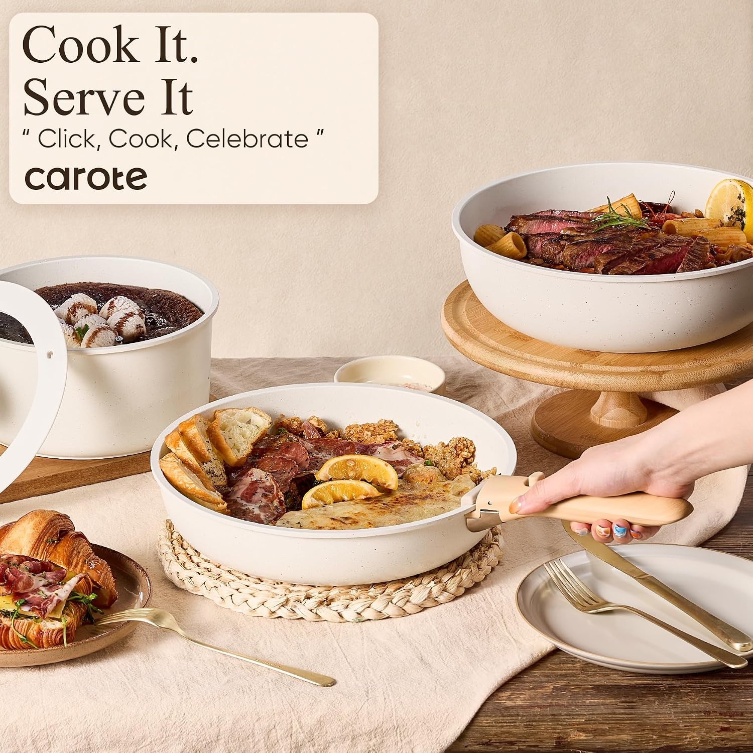 image:imageCAROTE Pots and Pans Set Non Stick Detachable Handle Cookware 21pcsWhiteCream White