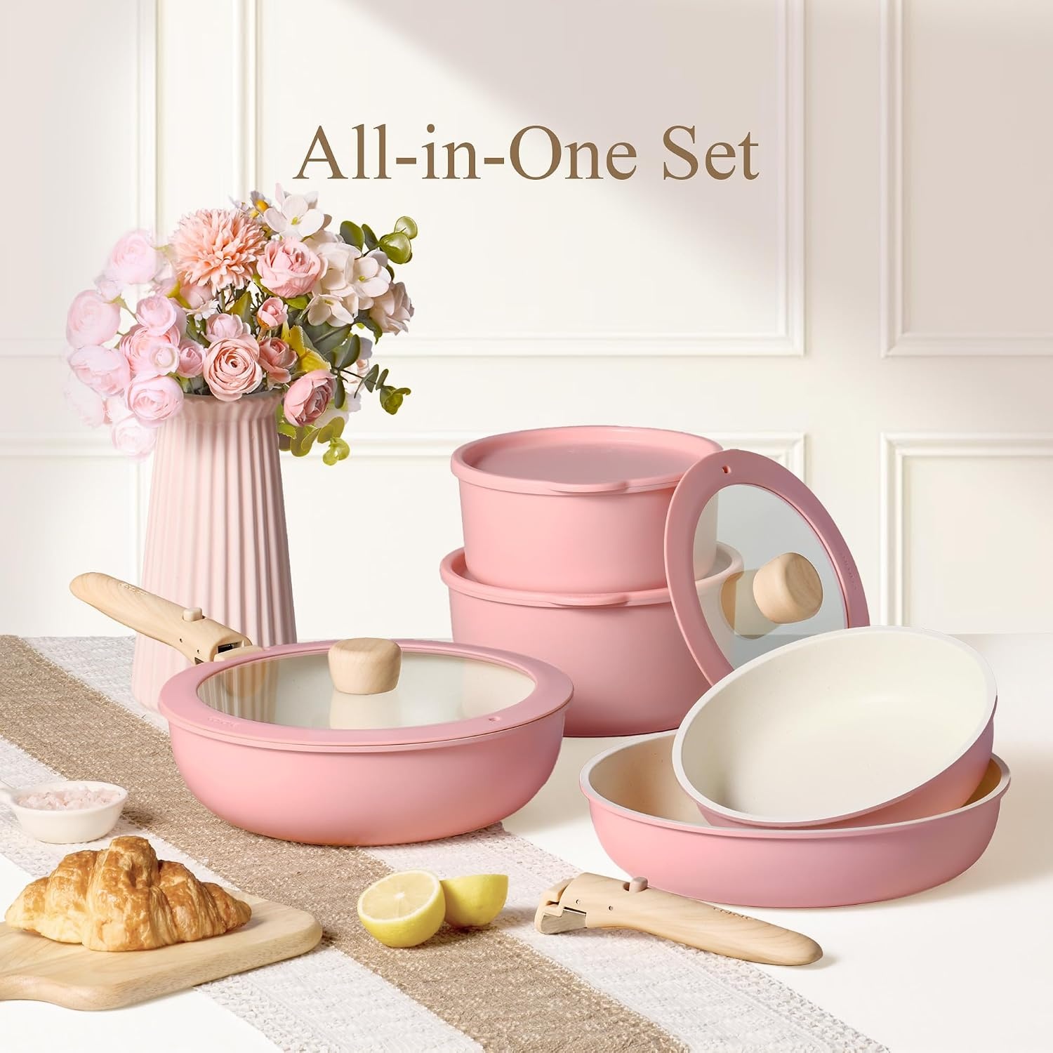 image:imageCAROTE Pots and Pans Set Non Stick Detachable Handle Cookware 21pcsWhitePink