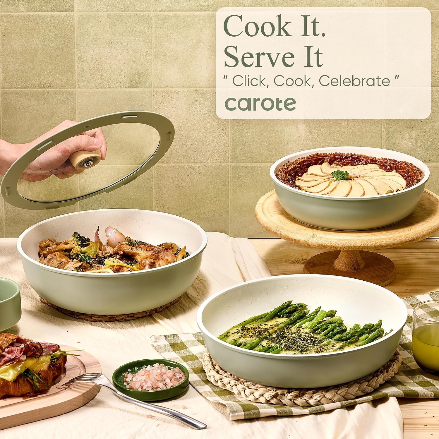 image:imageCAROTE Pots and Pans Set Non Stick Detachable Handle Cookware 21pcsWhiteSage Green