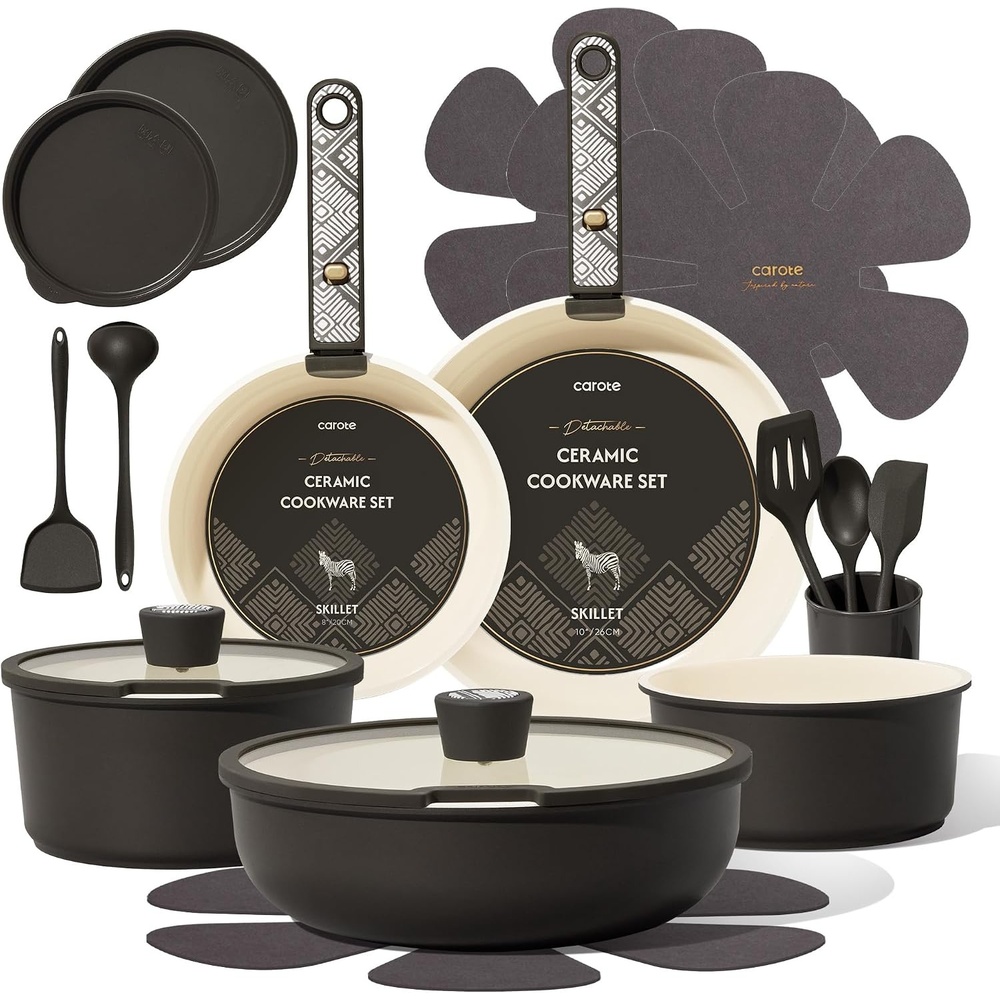 image:imageCAROTE Pots and Pans Set Non Stick Detachable Handle Cookware 21pcsWhiteCharcoal