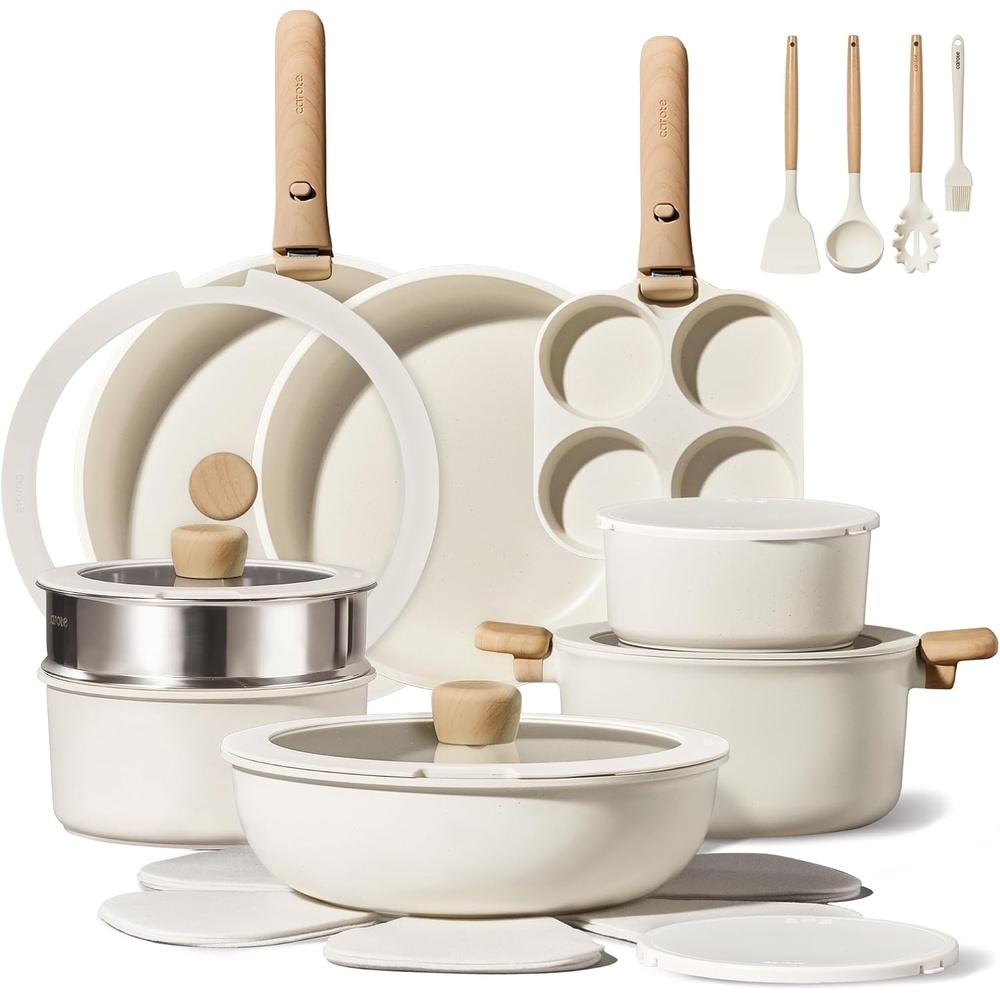 image:imageCAROTE Pots and Pans Set Non Stick Detachable Handle Cookware 21pcsWhiteCream White