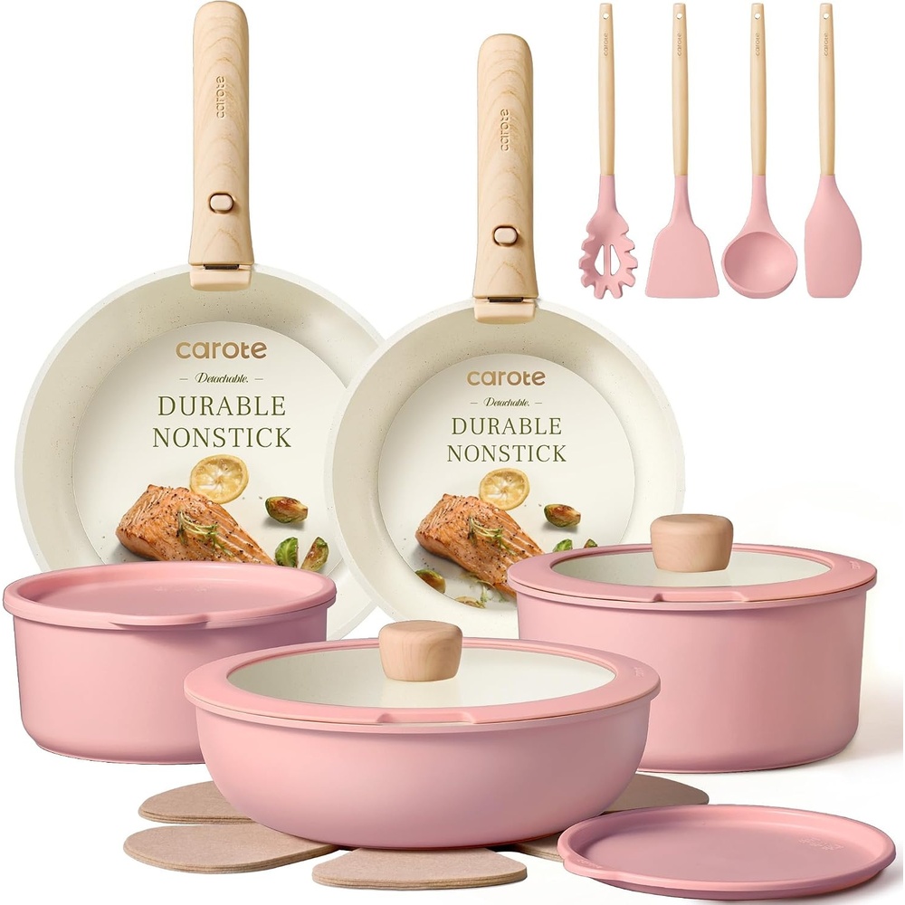 image:imageCAROTE Pots and Pans Set Non Stick Detachable Handle Cookware 21pcsWhitePink